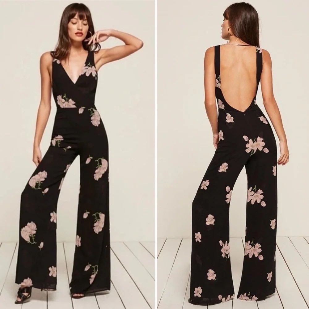 Reformationβ Darcy Jumpsuit Size 0 Black Floral Magnolia Wide Leg Backless Sexy